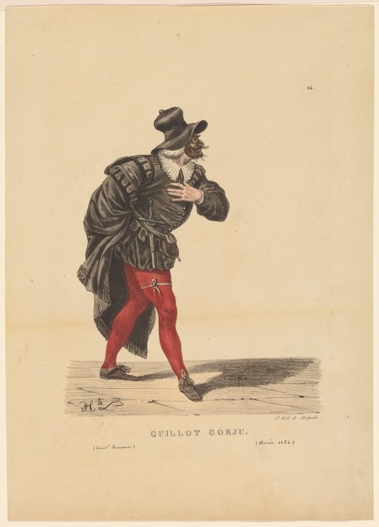 Hand-colored engraving of a male theatrical character in striped jacket, red tights, and plumed hat, mid-pose with arm raised.