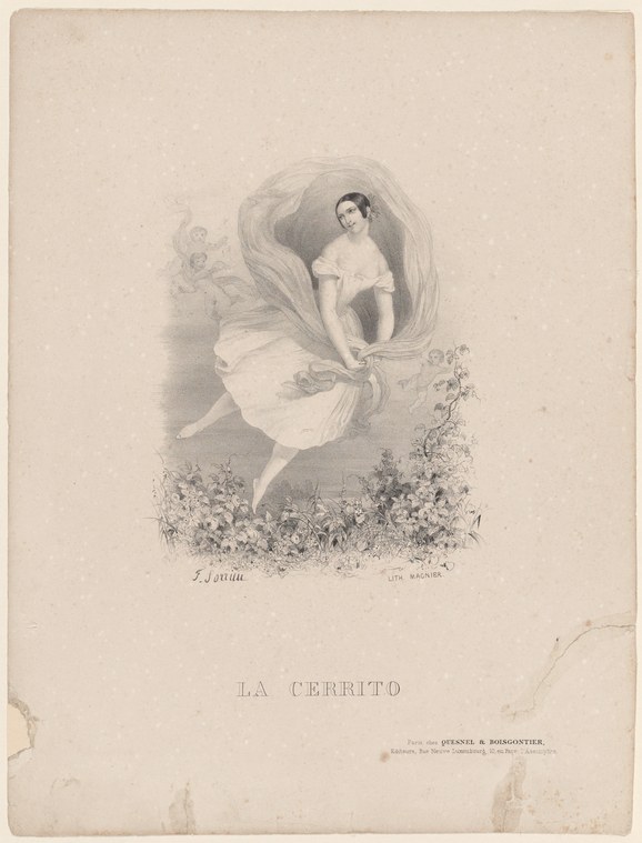A young woman in a white draped dress floats weightlessly within a spiral shell form, her arms open, with a cherub below and flowering plants at the base.