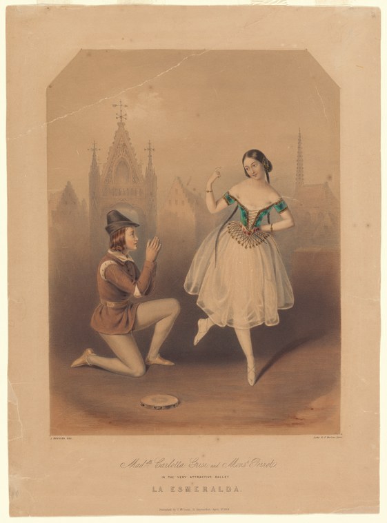 A male dancer in brown tunic kneels before a woman in pale tulle skirt and green bodice against a Gothic cityscape.