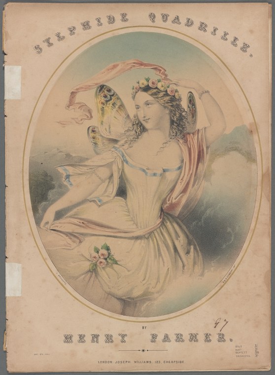 A young woman in a white Romantic-era dress, wreath in her hair, seated and gazing at a large butterfly she holds aloft.