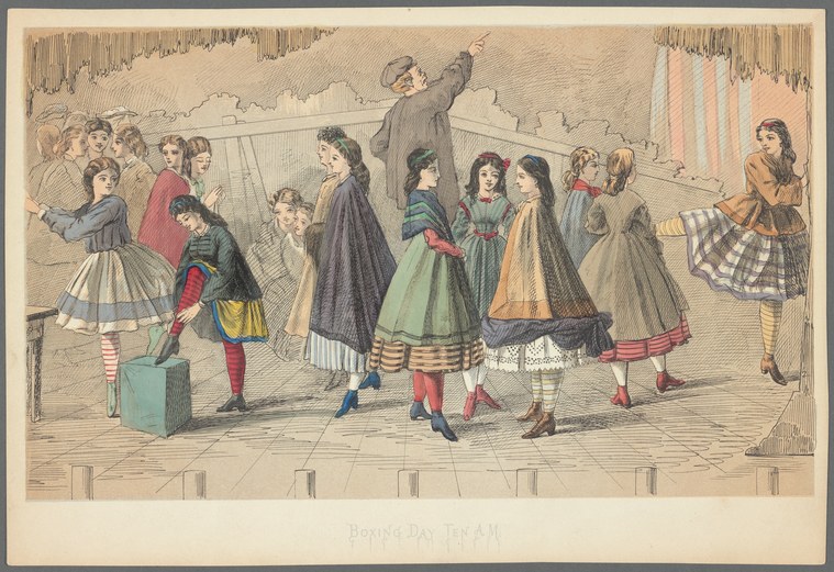 A group of Victorian girls in colorful dresses and stockings gather informally indoors for a Boxing Day party.