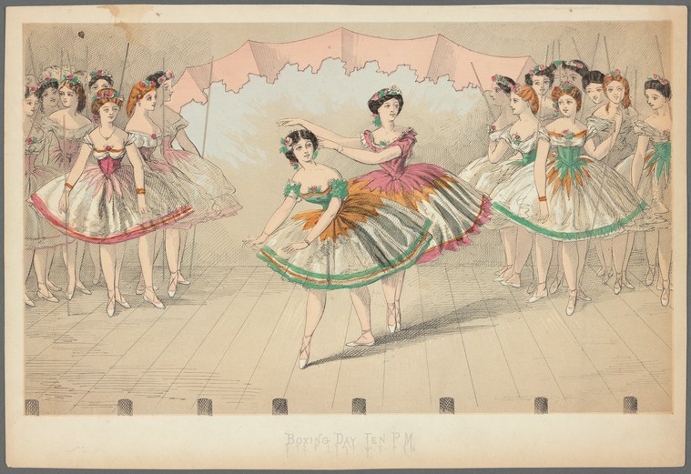 Theatrical print showing a central ballet dancer in an ornate striped tutu surrounded by eight dancers in simpler tutus, all on pointe in a symmetrical stage
