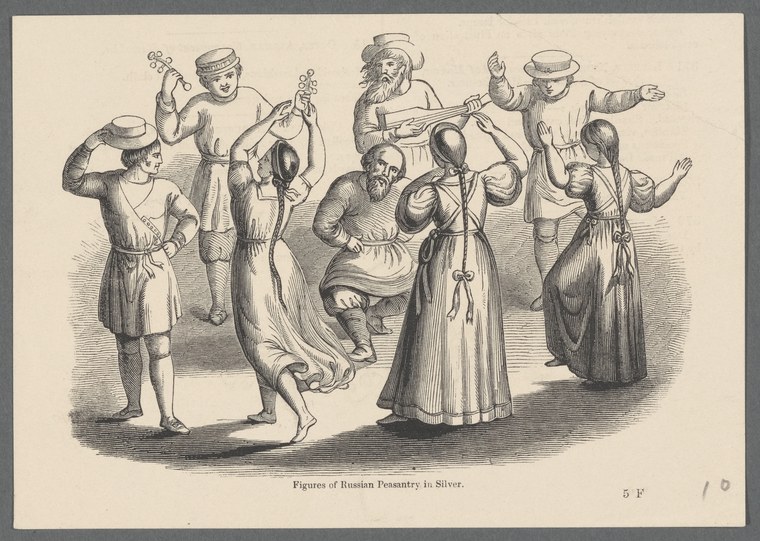 Wood engraving of seven Russian peasants dancing and playing music around a seated central musician with a stringed instrument.