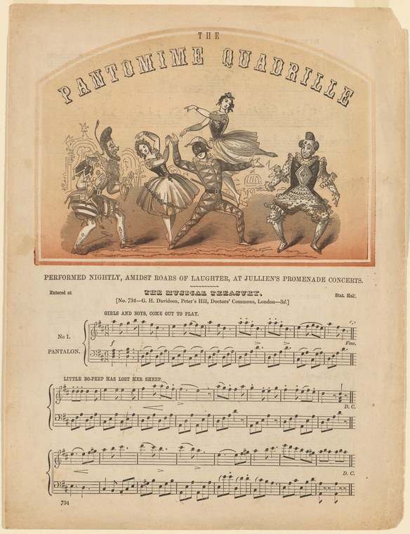 Five dancers in 1840s theatrical costume engraved on a sheet music cover titled The Pantomime Quadrille, with musical notation below.