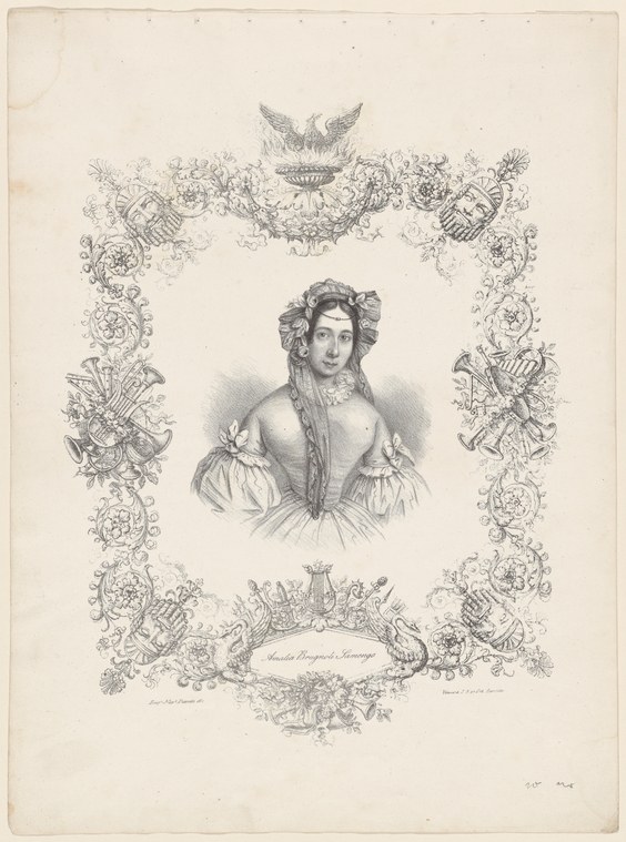 Engraved portrait of a woman with dark ringlets in a corseted dress, surrounded by ornamental border of theatrical masks, musical instruments, and allegorical