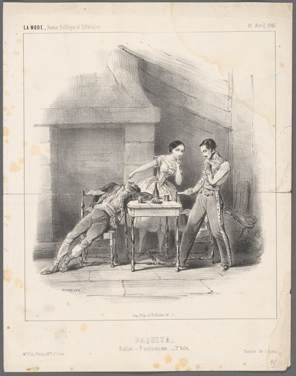 Three men in 19th-century dress enact a dramatic scene: one reclines backward over a table while two others gesture expressively nearby.