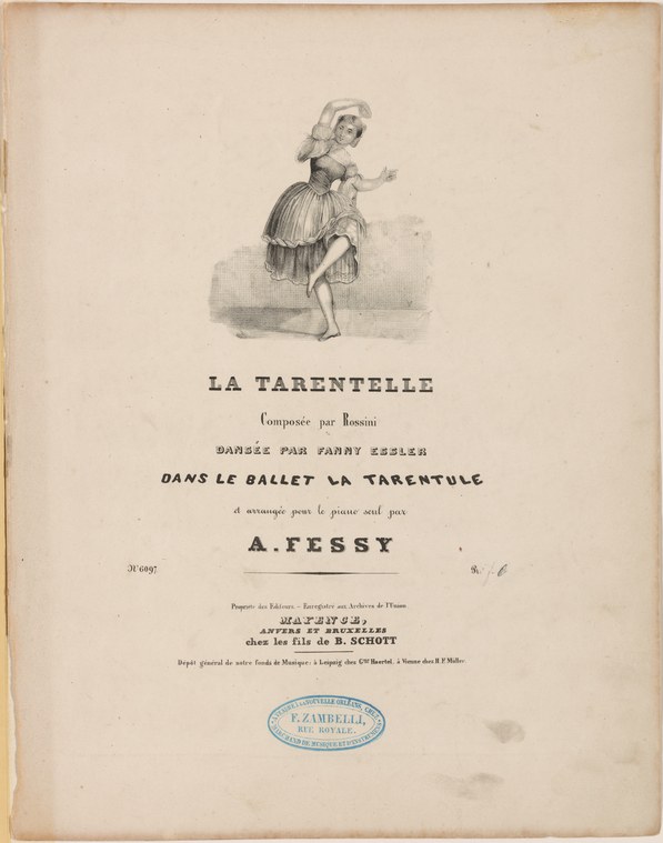 Engraved title page shows a single female dancer in a white blouse and full skirt, mid-swirl with arms raised, in the costume of an Italian peasant woman.