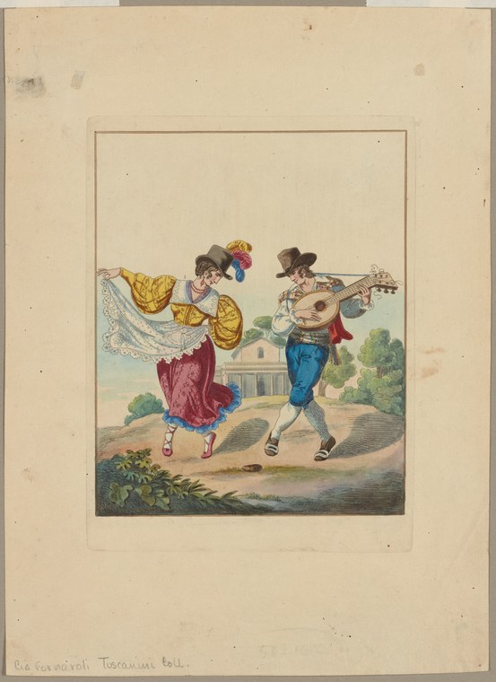 Hand-colored engraving of two 18th-century dancers in aristocratic dress, a man playing a stringed instrument and a woman with a shawl, in a garden or
