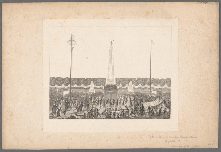 Engraving of thousands of people gathered around three flagpoles and a central obelisk on the Champs-Élysées during the 1790 Revolutionary Festival of the