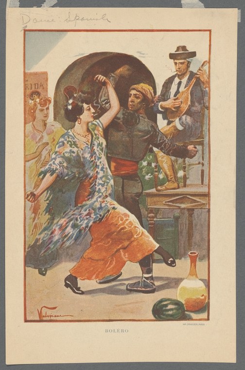Woman in patterned dress pivots mid-bolero in tavern while guitarist accompanies her; wine bottles on floor.