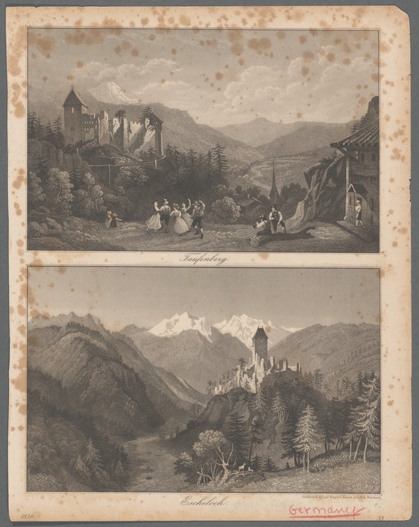 Two 19th-century engravings of German castles in Alpine landscapes with small figures in period costume scattered through the scenes.