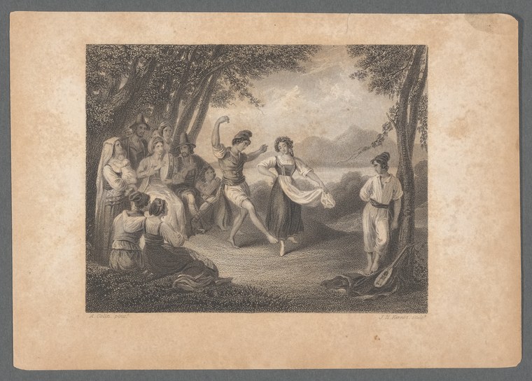 Engraving of figures dancing and watching in a woodland clearing, wearing Regency-era dress, some mid-leap with raised arms.