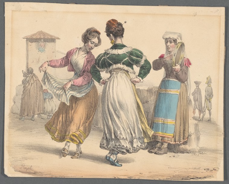 Three fashionably dressed women converse on a Regency-era street, their posture and gestures careful and composed.