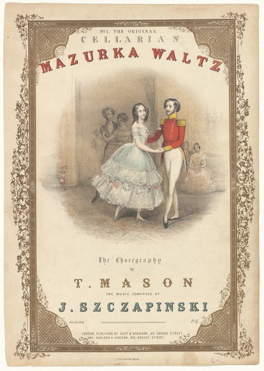 A couple in ballroom dress dances in a formal interior, the woman in a pale gown with a wide tulle skirt, the man in a scarlet military coat.