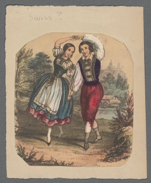 Hand-colored engraving: young couple in Alpine dress dancing in closed hold, woman leaping upward, mountain village in background.