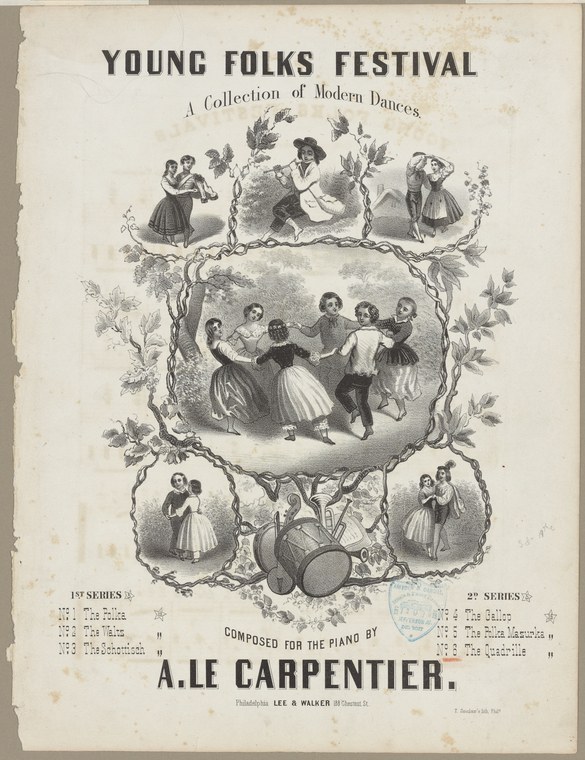 Wood-engraved sheet music cover showing young dancers in period dress arranged in circular and paired formations within ornamental foliage.