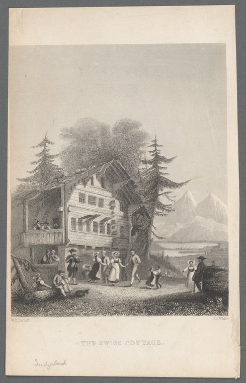 Engraving of a folk gathering at a Swiss cottage built into a massive tree, with figures in 19th-century dress in social clusters, mountains in background.