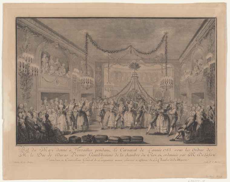 A grand 18th-century ballroom filled with aristocratic dancers in formal dress beneath crystal chandeliers and festive ceiling garlands.