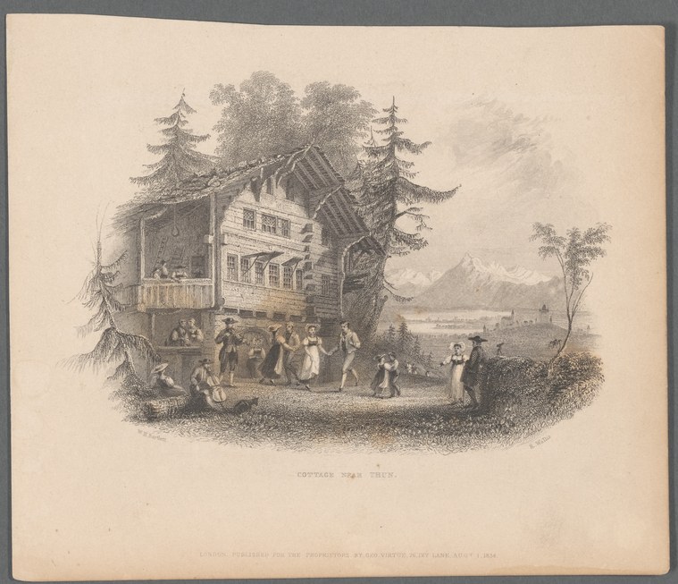Engraving of figures in 19th-century dress gathered around a timber lodge beneath tall trees, with mountains visible in misty distance.