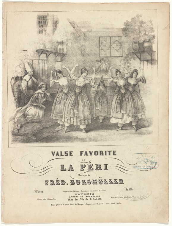 Engraving of eight young women in Regency gowns performing a waltz indoors, arms raised in swirling motion.