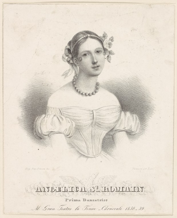 Engraved portrait of a woman in 1830s formal dress with off-shoulder gown and pearl necklace, identified as prima ballerina Angelica St. Romain.