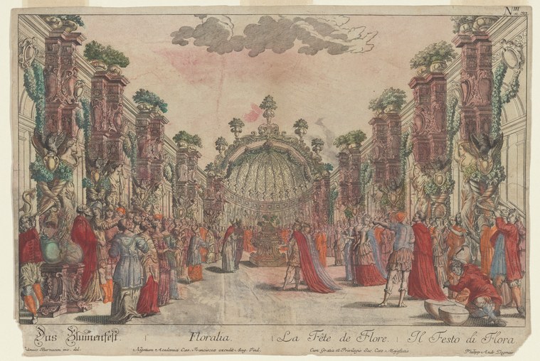 Hand-colored Renaissance engraving showing crowds in formal dress gathered in a columned courtyard with a domed pavilion in the distance.