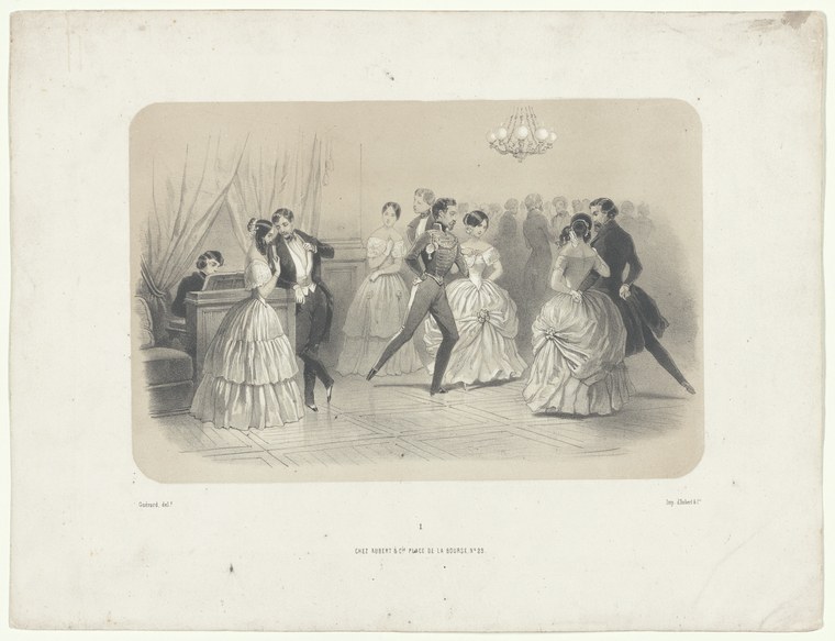 Engraving of couples in 19th-century formal dress dancing the mazurka in a ballroom, viewed from above, with a pianist and observers present.