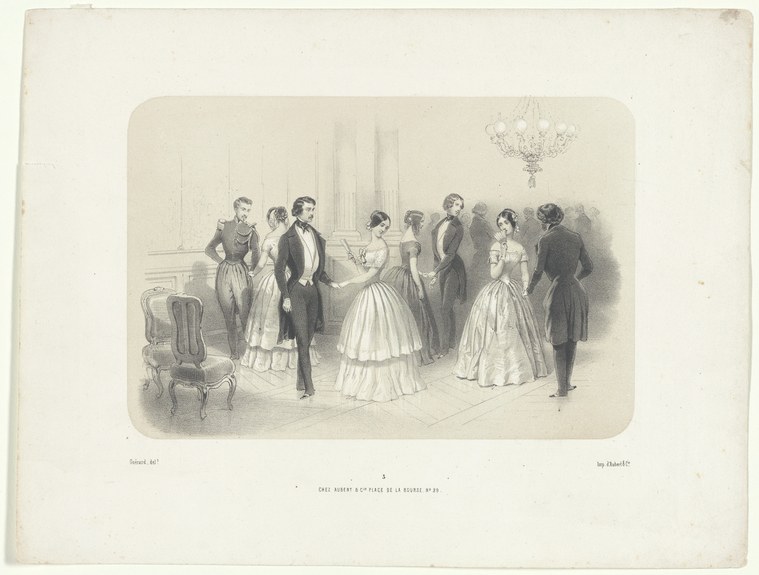 Eight figures in formal dress dance and converse in a ballroom lit by a crystal chandelier; a woman in a white gown pivots in a closed hold with a man in black