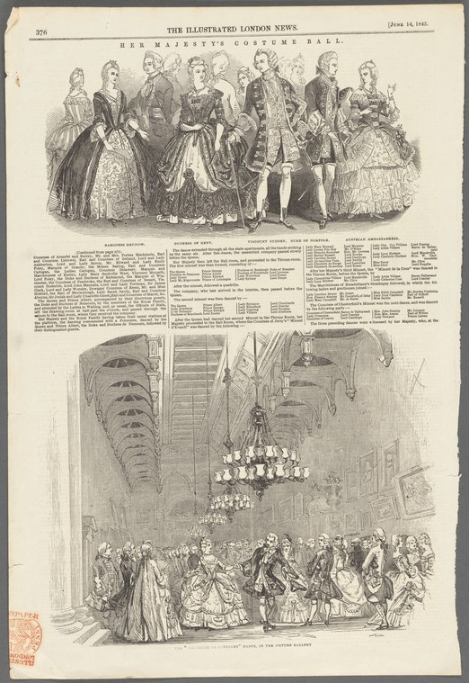 Wood engraving showing Victorian ballroom with dancers in two facing lines performing the Sir Roger de Coverley in a columned gallery.