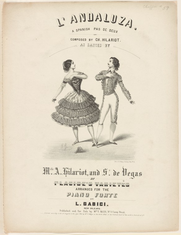 Lithograph of a woman in 1840s dress and a man in Spanish costume facing each other in a moment of theatrical courtship.