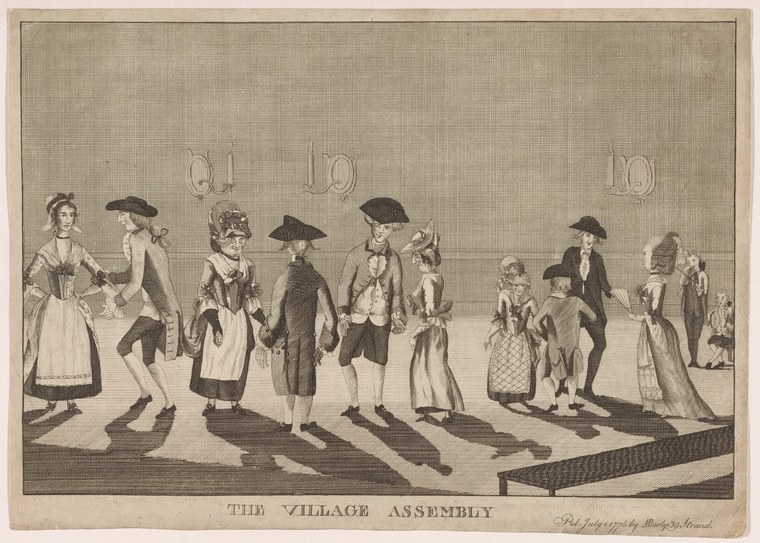 Engraving of two dozen people in 18th-century dress standing in a line in a village square, numbered scene 19 of a larger series.