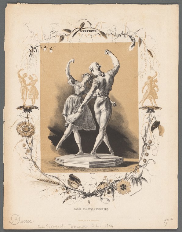 Two dancers in a lift: woman horizontal and supported by man standing, both in classical pose, framed by ornamental flowers.