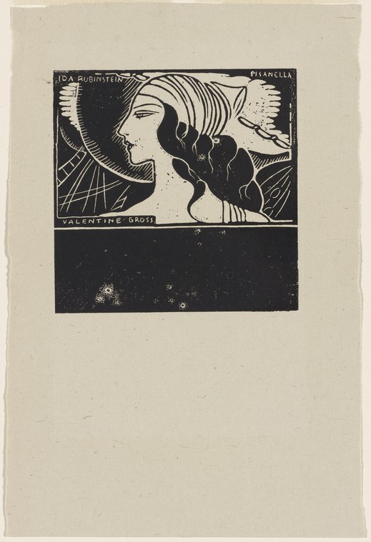 Woodcut portrait of a woman in profile facing left, wearing an elaborate winged headdress, Art Nouveau style.