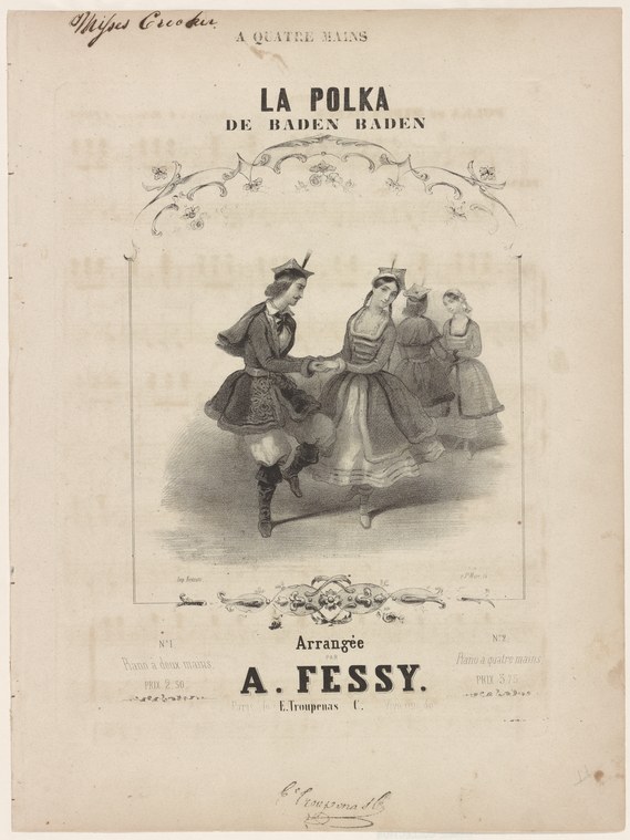 Engraved sheet music cover showing four figures in 1840s dress: a man inviting three women to dance the polka at Baden-Baden.