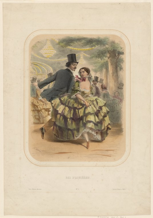 A man in dark coat and top hat leans toward a seated woman in a yellow and black striped dress with deep flounces, in an elegant ballroom interior.
