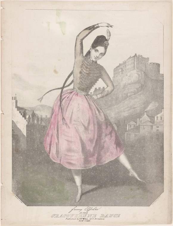Fanny Elssler in balletic pose with arched back and lifted leg, pink skirt, against a Polish fortress backdrop.