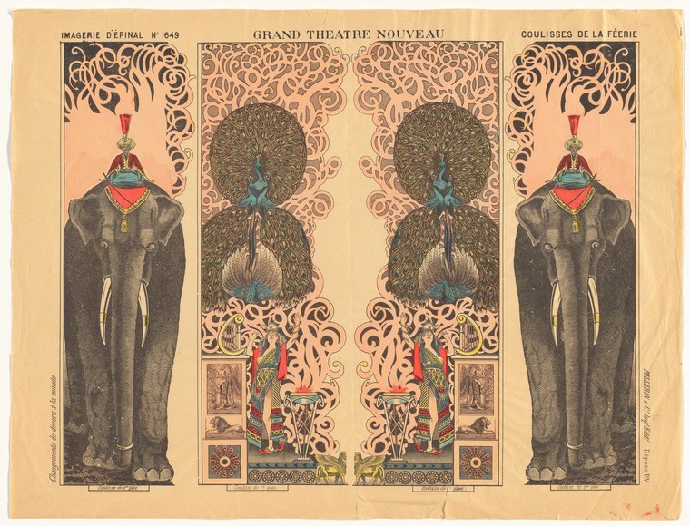 Symmetrical chromolithograph design with two identical costumed figures in formal coats flanking an ornate feathered tree against Art Nouveau borders.