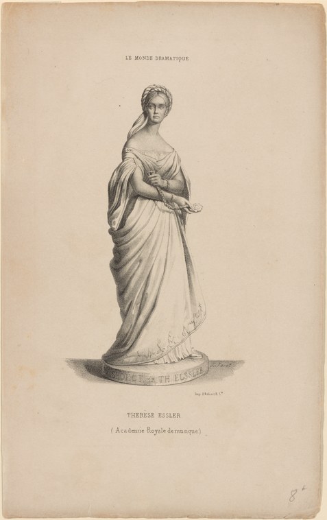 Engraving of a woman in white classical drapery standing in contrapposto pose, labeled Thérèse Essler, Académie Royale de Musique.