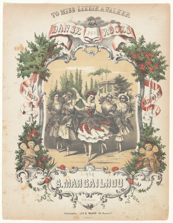 A chromolithographed music cover shows an ensemble of women in full Victorian ballet skirts posed in a decorative garden setting within an ornate rococo frame.