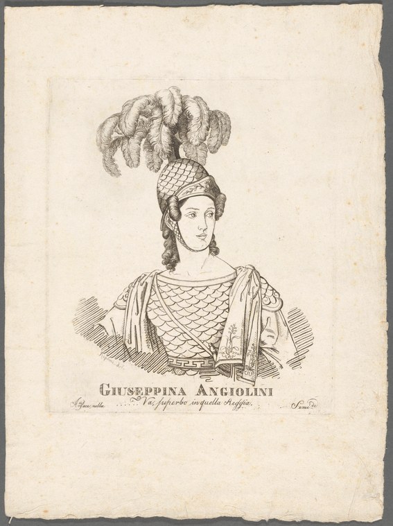 Engraved portrait of Giuseppina Angiolini in armor, draped garment, and ornate headdress, labeled as playing Arsace in Semiramide.