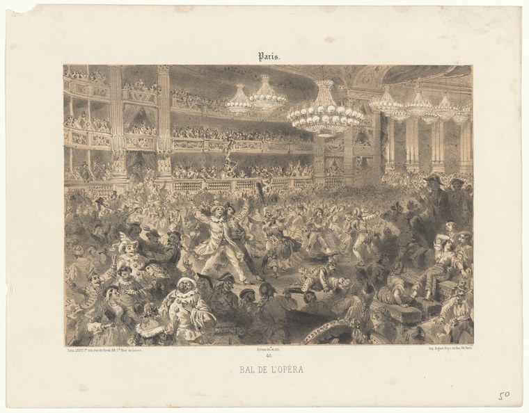 Engraving showing hundreds of formally dressed dancers in closed pairs on the floor and spectators in balconies of an ornate theater ballroom lit by