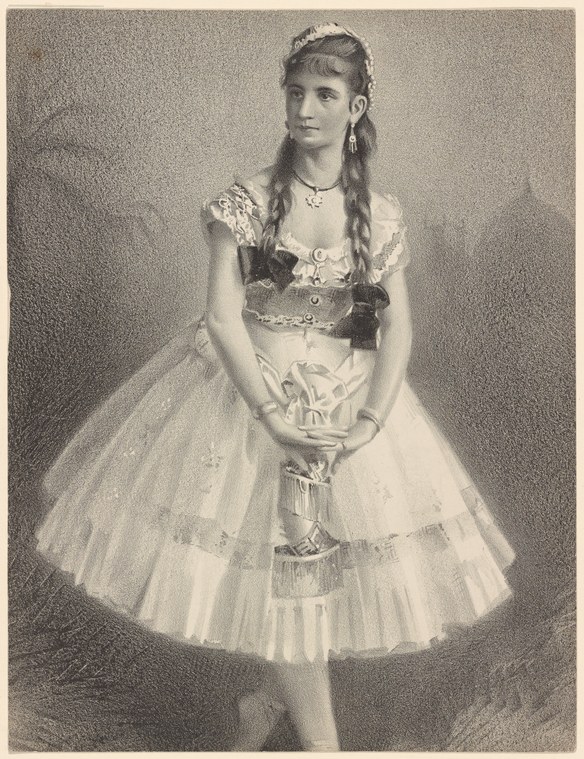 A young woman in a white tulle Romantic ballet costume with puffed sleeves and a circlet headpiece stands in a calm frontal pose, holding a small bouquet.