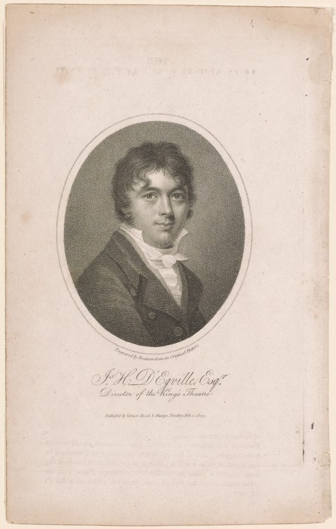 Engraved portrait of a young man in dark Regency-era coat and white shirt, inscribed as James Harvey D'Egville, Director of the King's Theatre.
