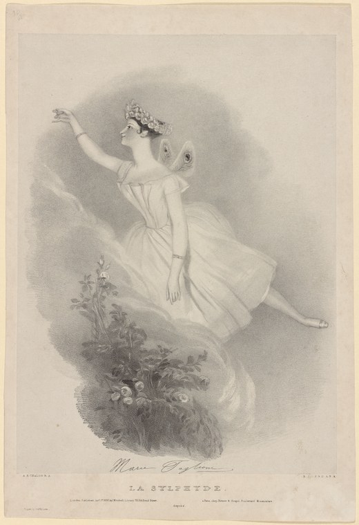 A woman in a white Romantic-era ballet dress floats upward with one arm raised, her body angled in an attitude of ethereal grace against a luminous background.