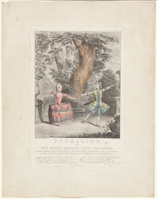 Hand-colored engraving of two young dancers in 18th-century costume in a garden: a girl seated in coral pink dress gestures toward a boy in blue coat who