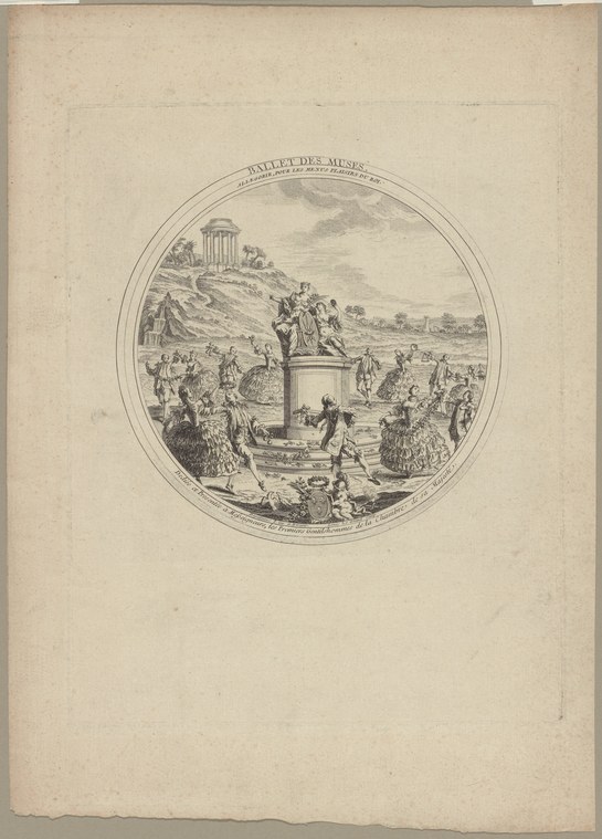 Circular engraving showing elegantly dressed figures gathered around a classical monument in a formal garden setting, titled Ballet des Muses.