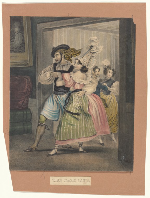 Hand-colored engraving of a masquerade ball: a woman in a striped green and pink dress dances with raised arms beside a man in classical costume; other