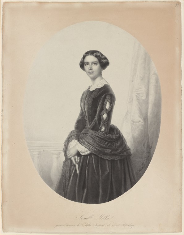 Portrait engraving of a dark-haired woman in 1840s dress with lace cuffs, standing against a draped backdrop.