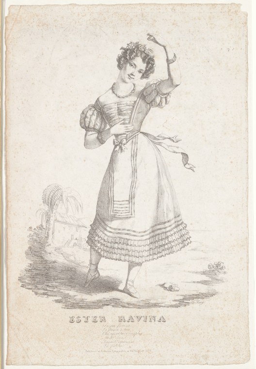 Early 19th-century engraving of a young woman in striped white dress with raised bow and arrow, labeled Ester Ravina.