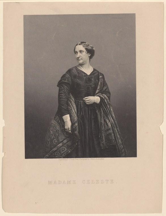 Formal engraved portrait of a woman in 19th-century dress with patterned shawl, identified as Madame Celeste.